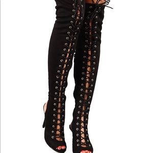 NWT!! FAUX SUEDE black lace up open toe heel